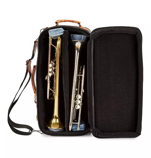 Gard Bags 4-ECLK Elite Double Trumpet Compact Gig Bag (HC+OS+BP) - Black/Brown Leather
