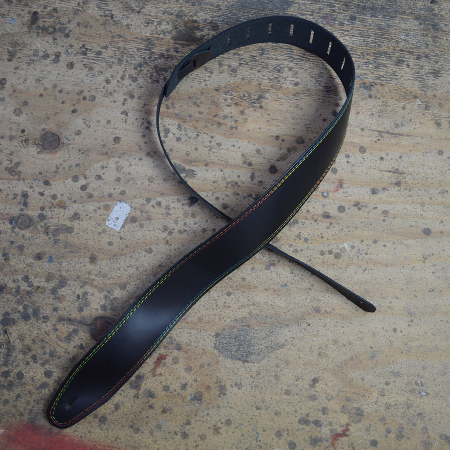 Colonial 2.5″ Leather Guitar Strap - Black w/Rainbow Stitches