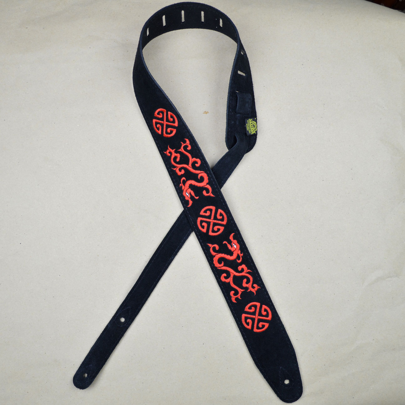 Colonial "Red Chinese Dragon" Embroidered Black Suede Guitar Strap