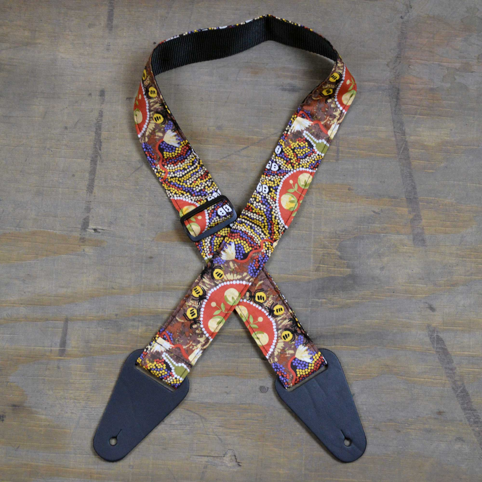 Colonial Leather Aboriginal Art Rag Guitar Strap - Beetles