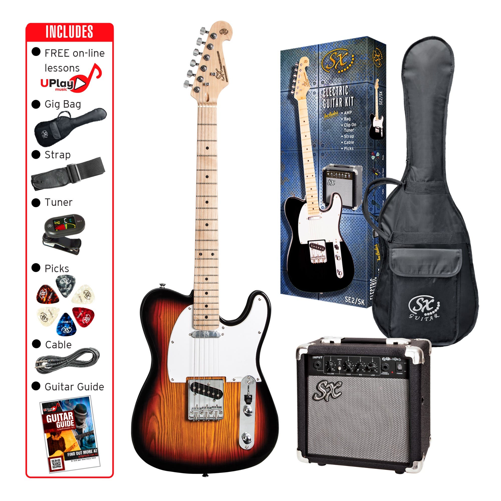 SX SE2SKTS "TL" Style Electric Guitar Package - 3-Tone Sunburst